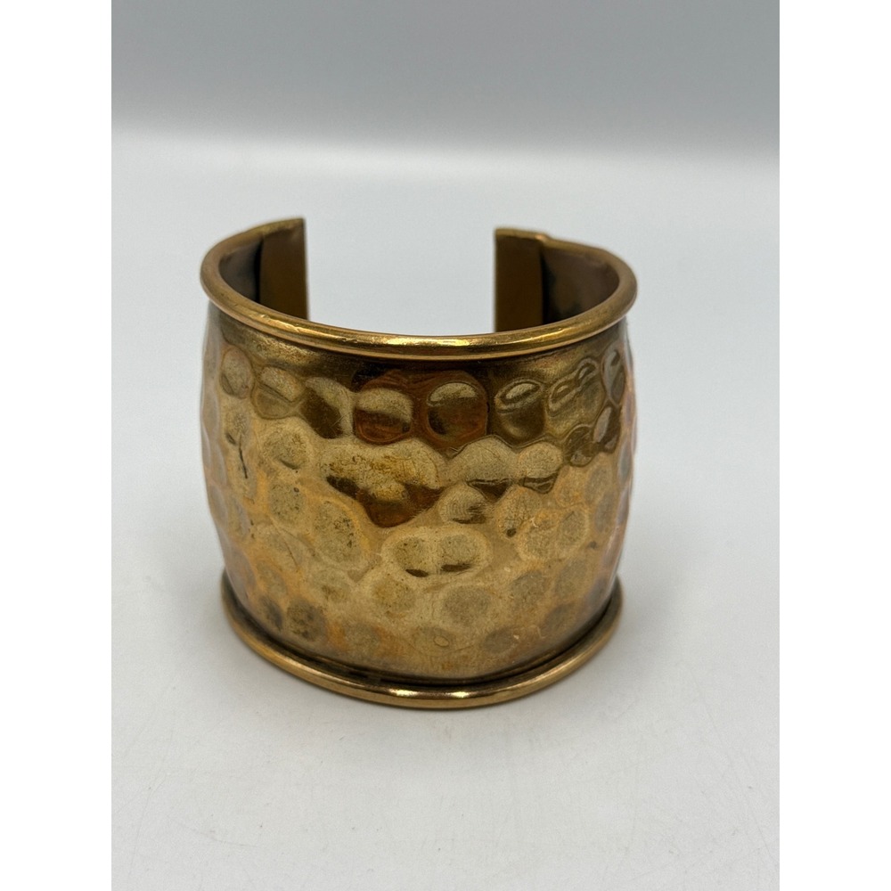 Vintage Hammered Brass Cuff‎ Bracelet Wide Boho Statement Dimpled Gold Tone